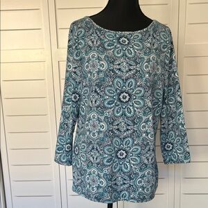 Talbots Blue and White Mandala Print 3/4 - Sleeve Tee Sz M